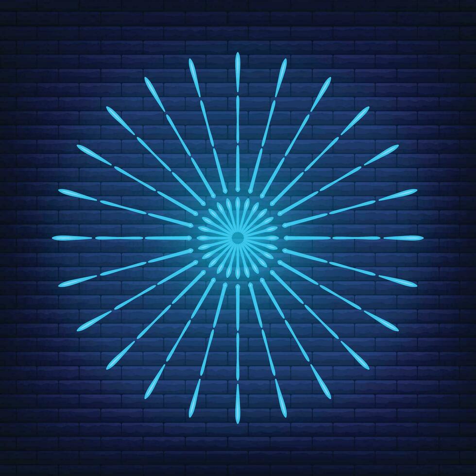 Retro design light sunburst neon style glow geometric shape, vintage rays sunlight explosion icon concept vector illustration, isolated on black wall.