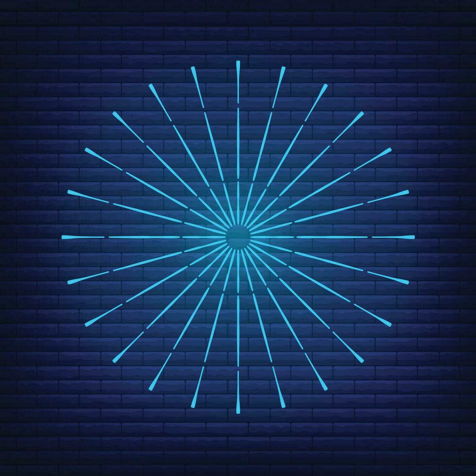 Retro design light sunburst neon style glow geometric shape, vintage rays sunlight explosion icon concept vector illustration, isolated on black wall.