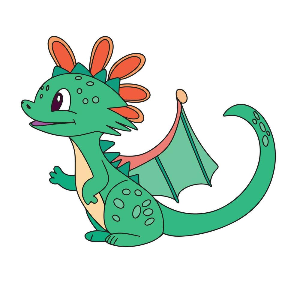 Cute Baby Green Dragon Sitting Cartoon Vector Icon Illustration. Animal Nature Icon Concept Isolated Premium Vector. Flat Cartoon Style