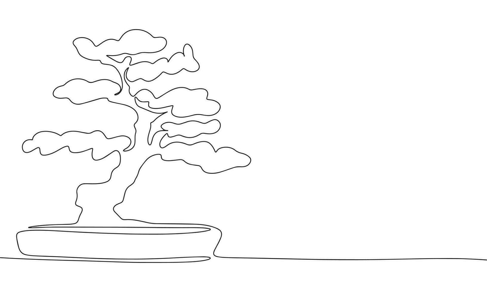 One line continuous bonsai. Concept minimal tree in pot banner. Line art, silhouette, outline, vector illustration.