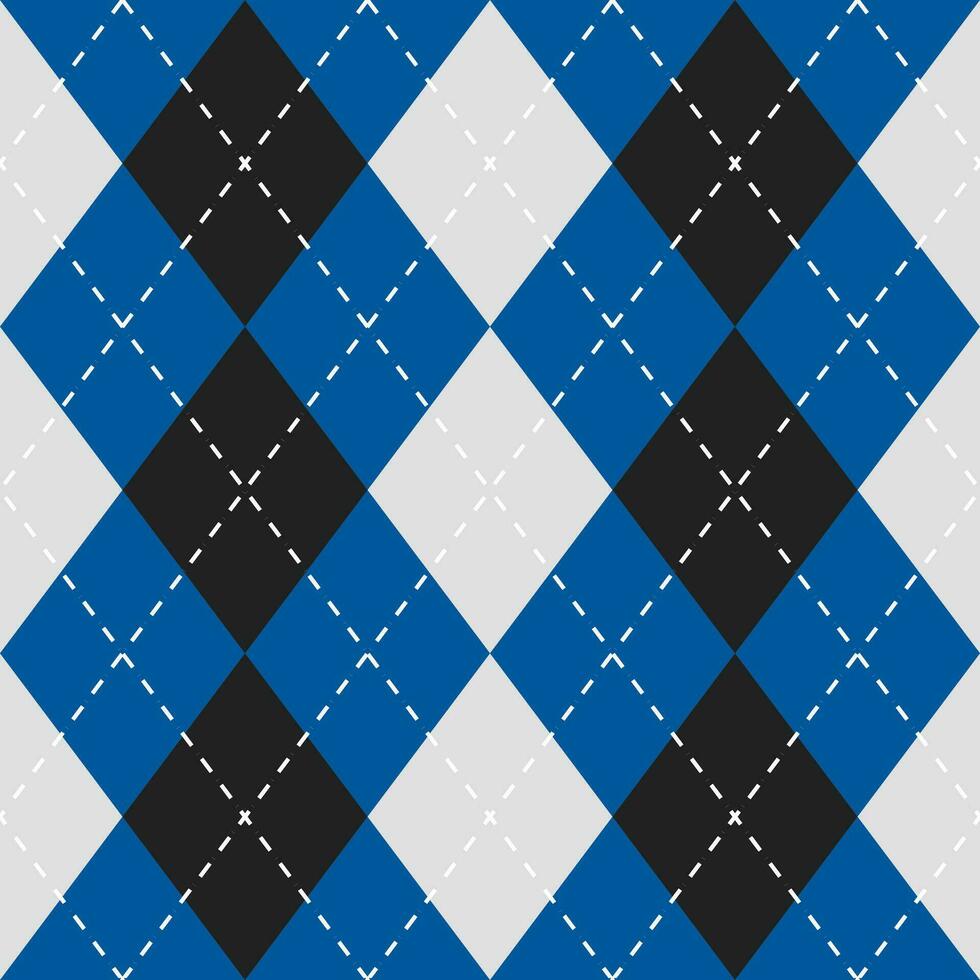 Argyle vector pattern. Argyle pattern. Blue and black argyle pattern. Seamless geometric pattern for clothing, wrapping paper, backdrop, background, gift card, sweater.