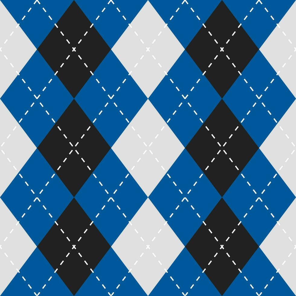 Argyle vector pattern. Argyle pattern. Blue and black argyle pattern. Seamless geometric pattern for clothing, wrapping paper, backdrop, background, gift card, sweater.