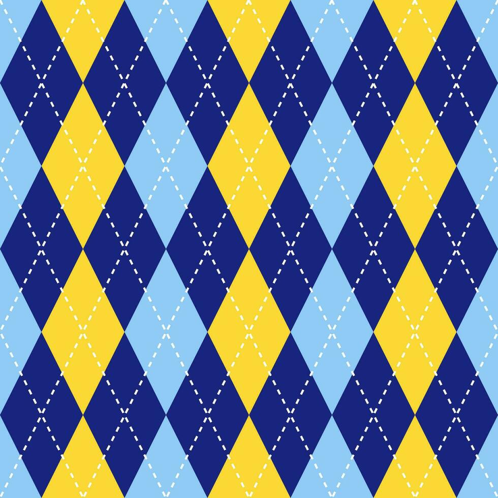 Argyle vector pattern. Argyle pattern. Yellow and blue argyle pattern. Seamless geometric pattern for clothing, wrapping paper, backdrop, background, gift card, sweater.