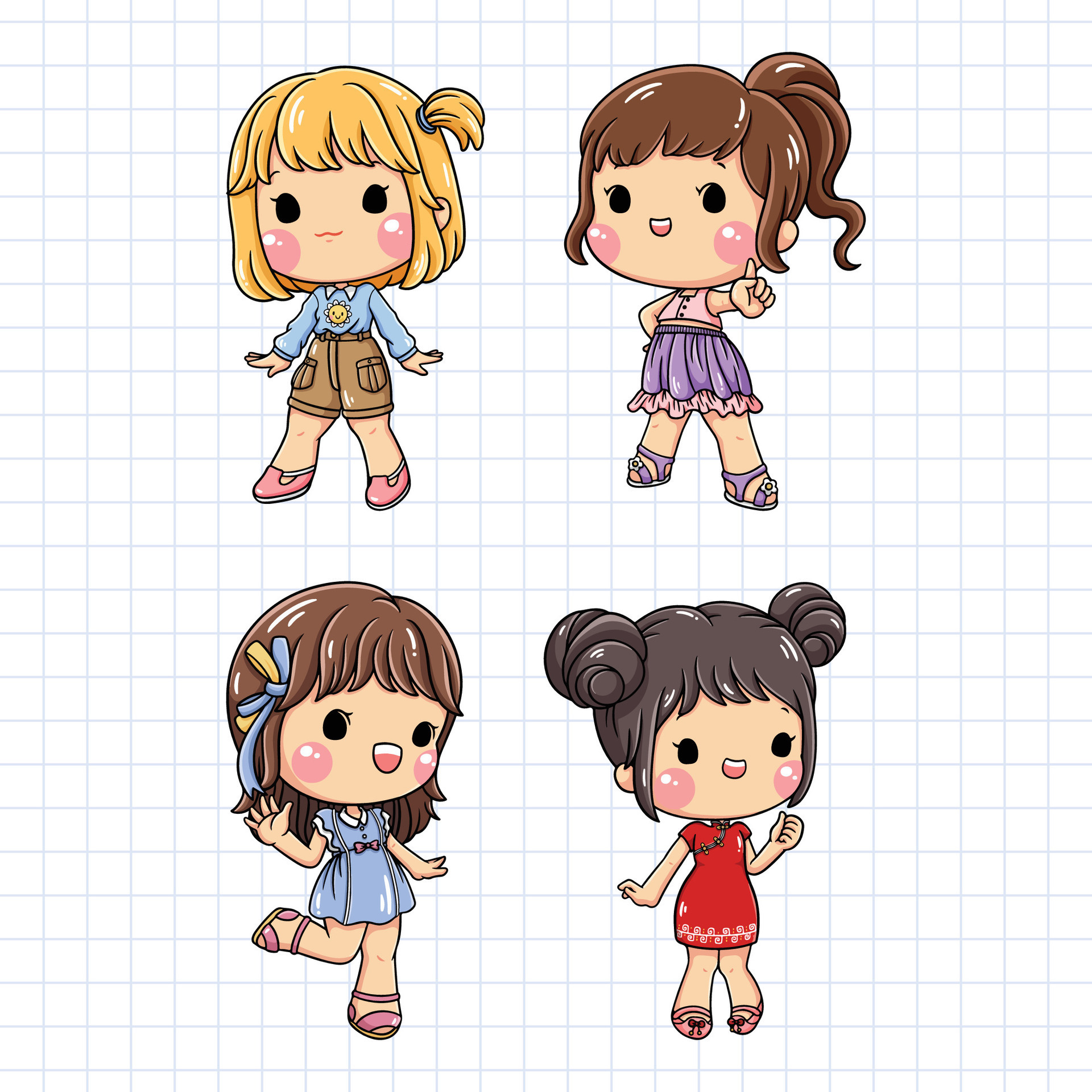 Cute little girls cartoon character. Vector illustration of cute little