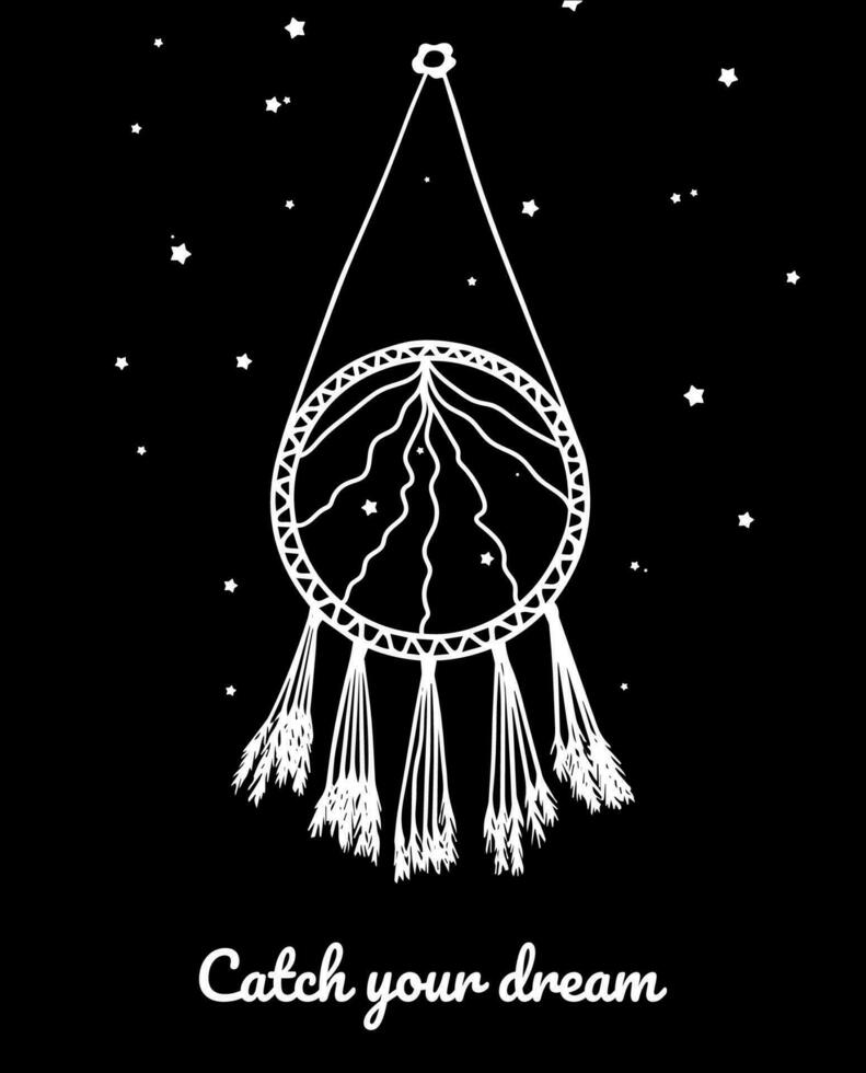 Doodle dream catcher with feather. Hand drawn vector illustration isolated on white background. Catch your dream. Ethnic totem. Tattoo