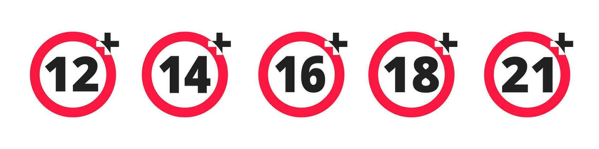 Adults content only age restriction 12, 14, 16, 18, 21 plus years old icon signs set. vector