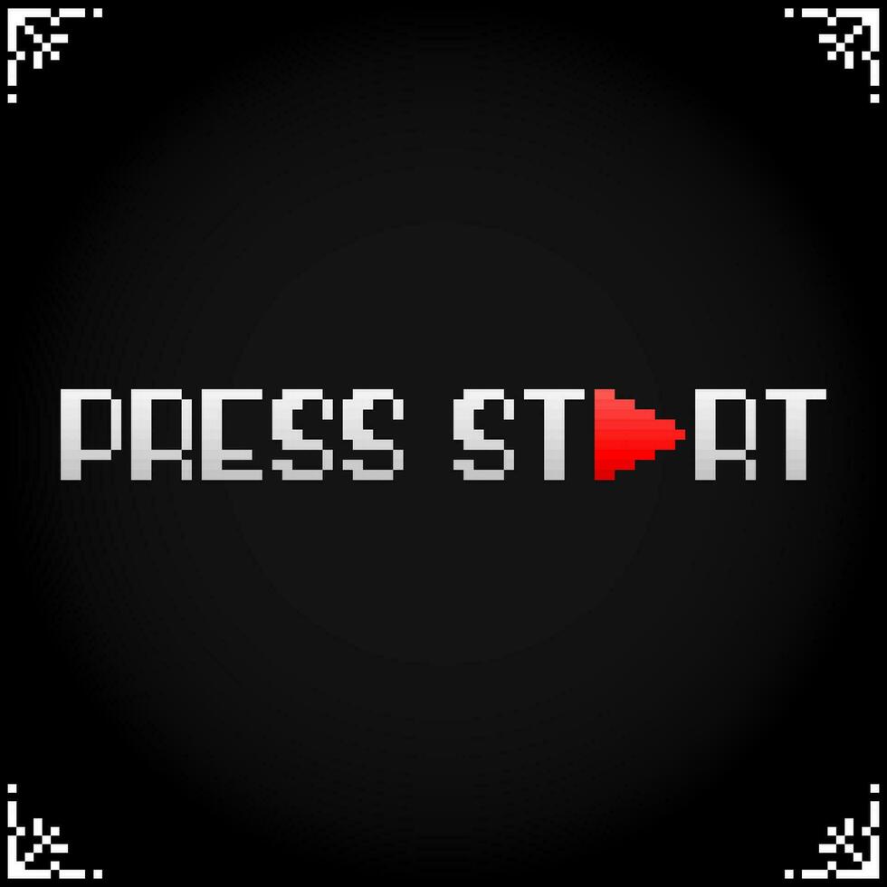 Press start icons in 8 bit pixel art. Show fonts for retro games in vector illustrations.