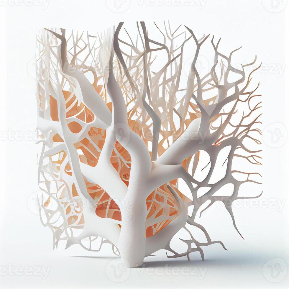 Connective tissue Collagen fibres and single cells 3D illustration microscopy of human on white background. photo