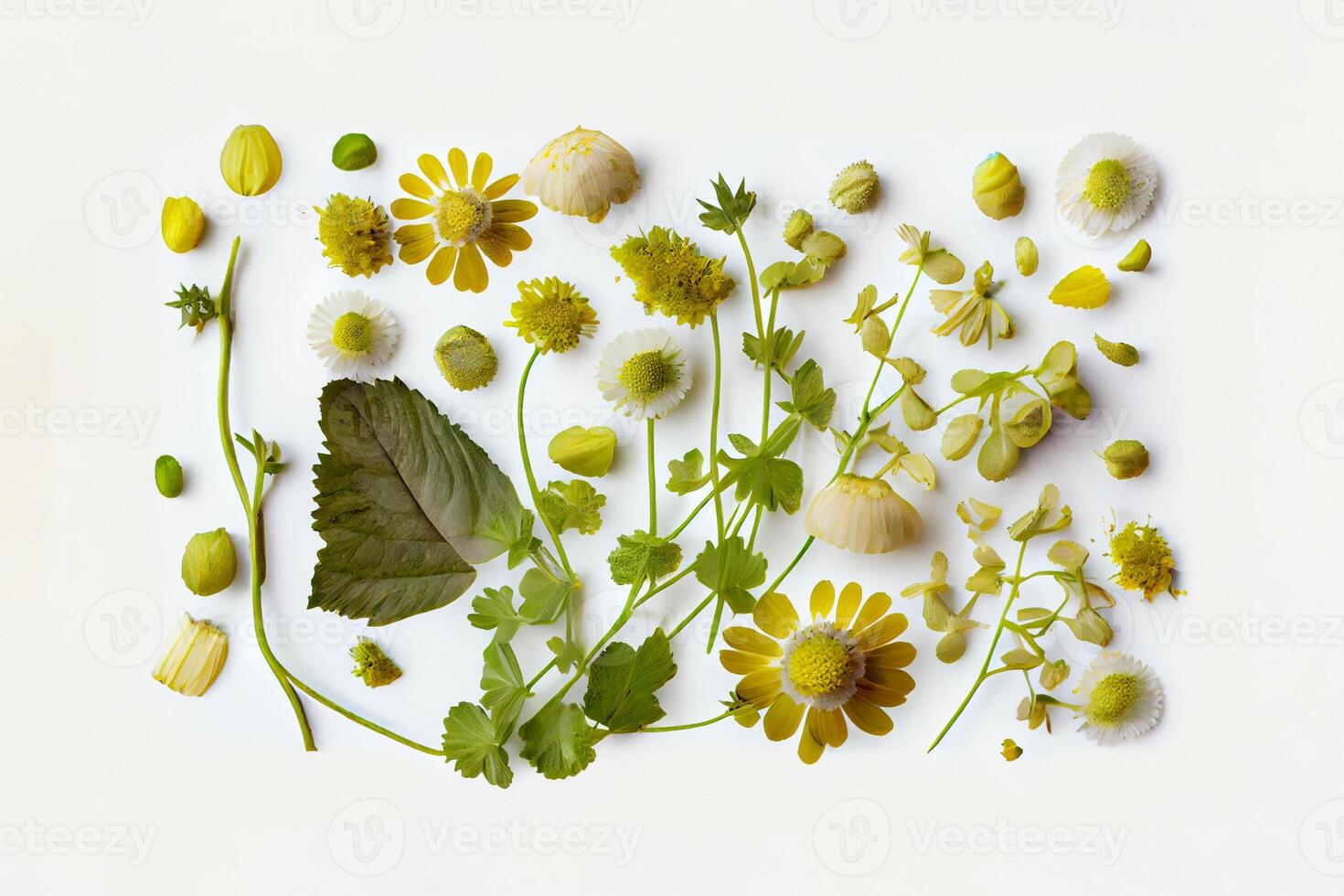 wildflowers medicinal herbs leaves. collection garden and wild forest herb, flower branches. illustration isolated on white background. Generative ai photo