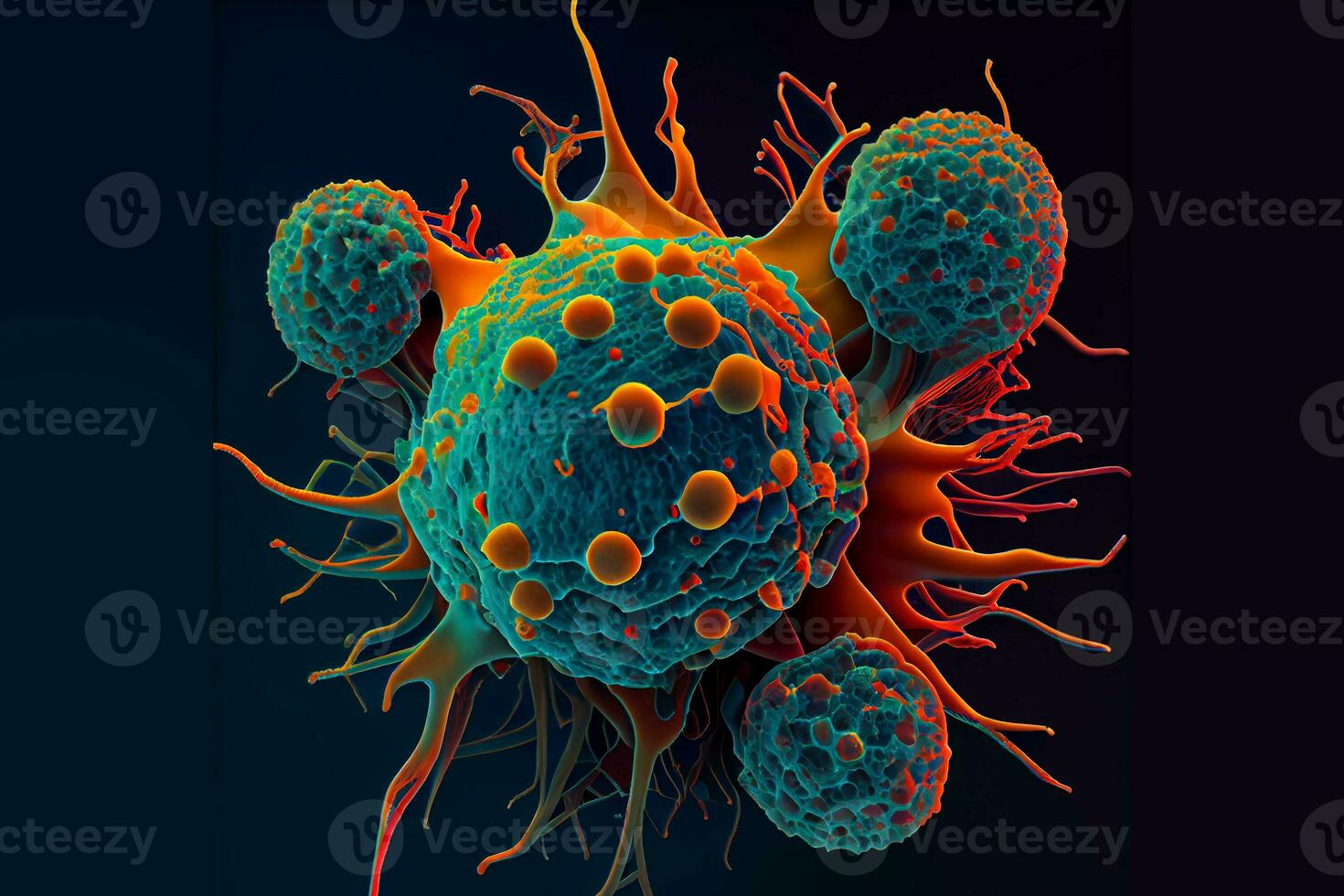 Cancer Cells destroyed by oncogenic virus, cell modifying virus, biological therapy agents. 3D rendering Medicine healthy. Generative ai photo