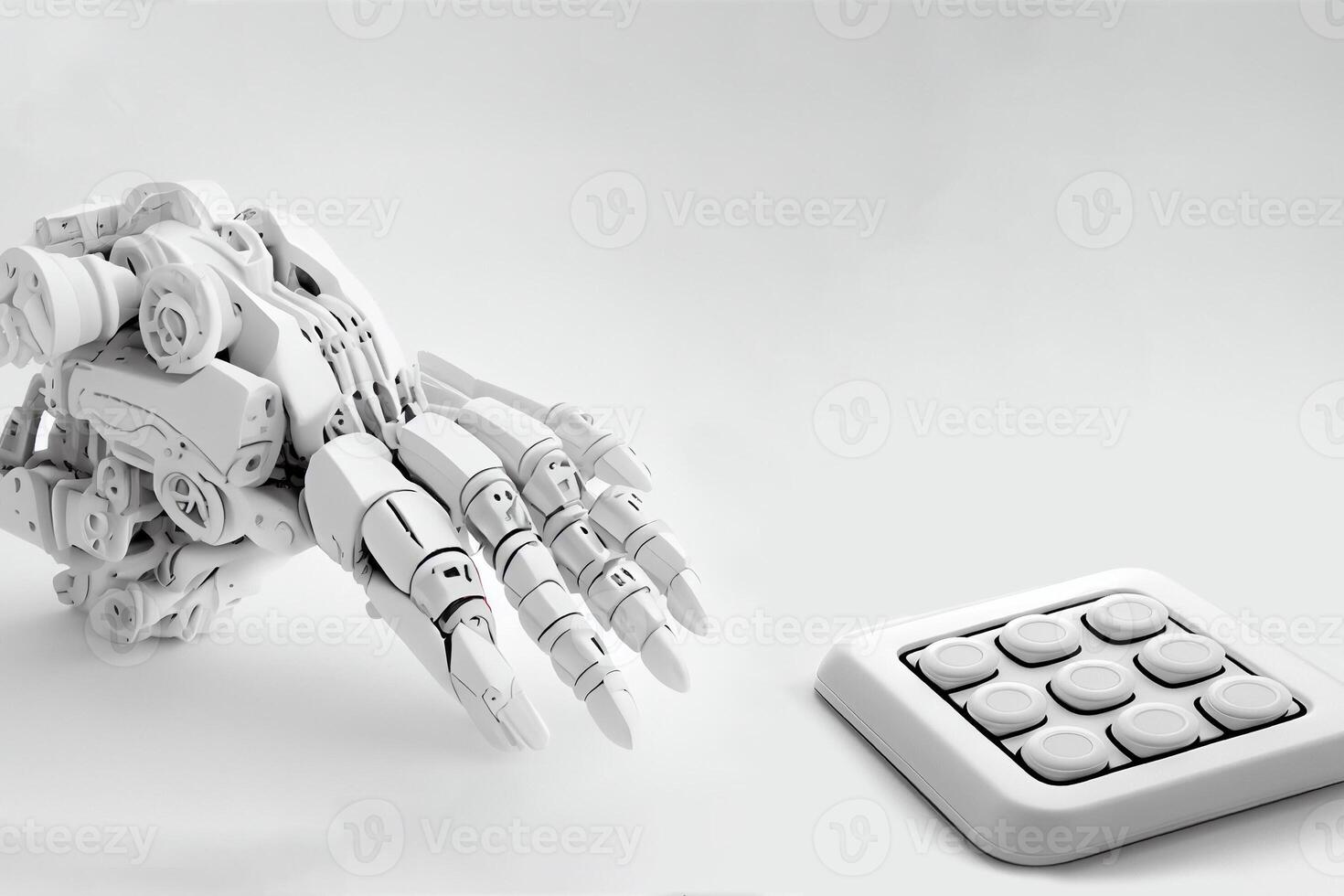 Robot can working on keyboard button, Artificial Intelligence, Robotic white hand. Futuristic technology concept. photo