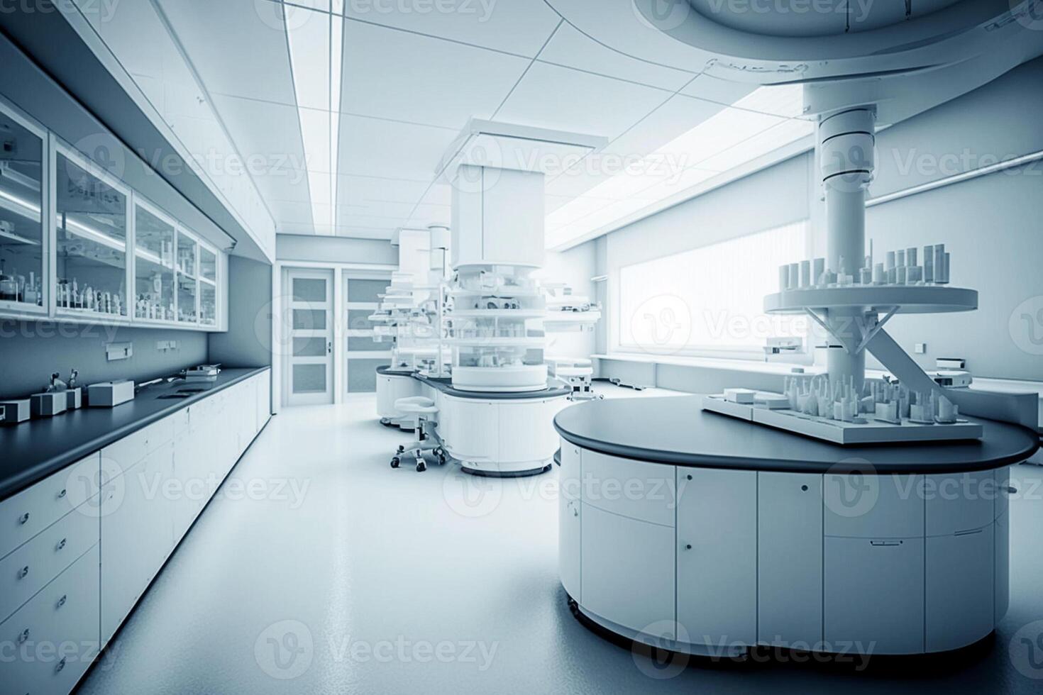 Modern Medical Research Laboratory Microscope, Glassware with Biochemicals on the Desk. Scientific Lab Biotechnology Development Center Full of High-Tech Equipment. photo