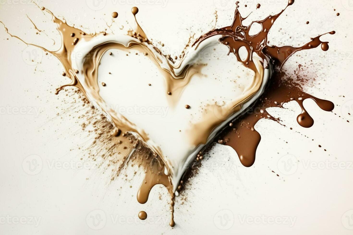 Splashes of white and milk dark chocolate in the shape of a love heart view from above on white background. Generative ai photo