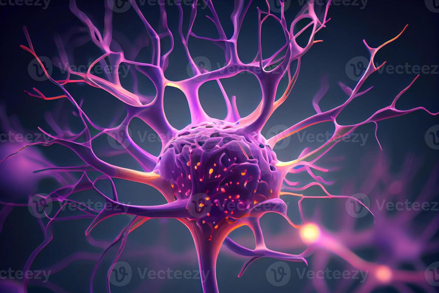 Neurons cells close up 3d render. Synapses and axones transmitting electrical signals. photo