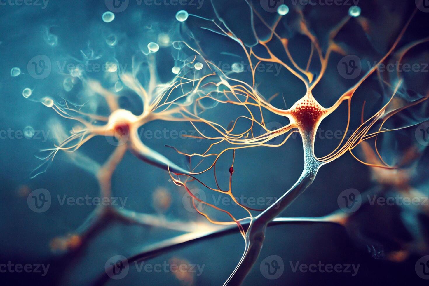 Neurons cells close up 3d render. Synapses and axones transmitting electrical signals. Generative ai photo