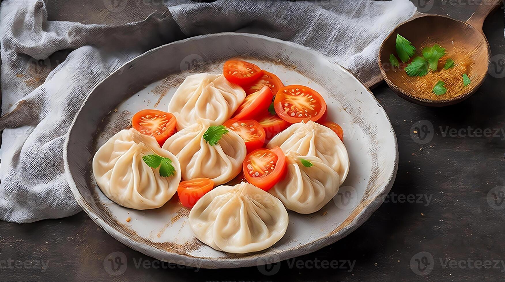 un plato de tradicional ruso empanadillas con tomate y basílico en rústico de madera antecedentes . ilustración ai generativo foto