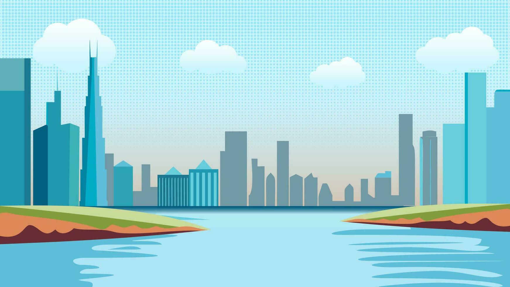 vacío espacio fondo, ciudad bohordo con río o lago. sencillo dibujos animados ilustración vector