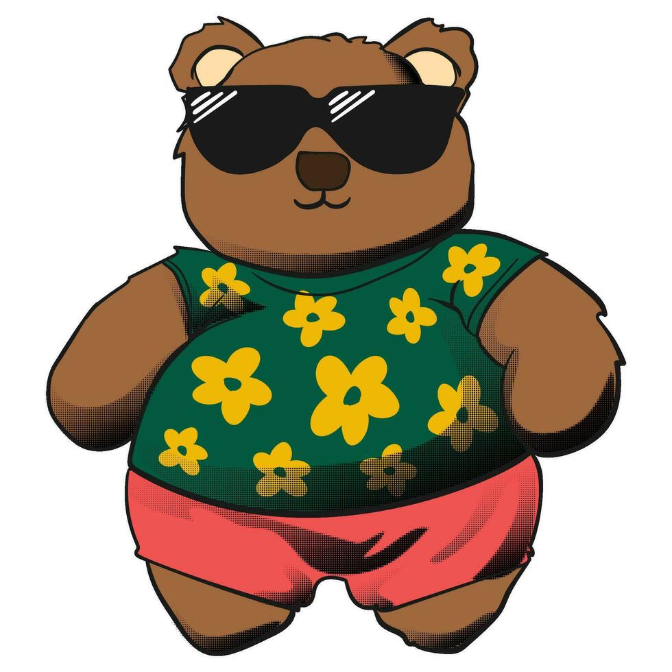 osito de peluche oso gordito maravilloso miedoso retro vistiendo linda t camisa y Gafas de sol vector