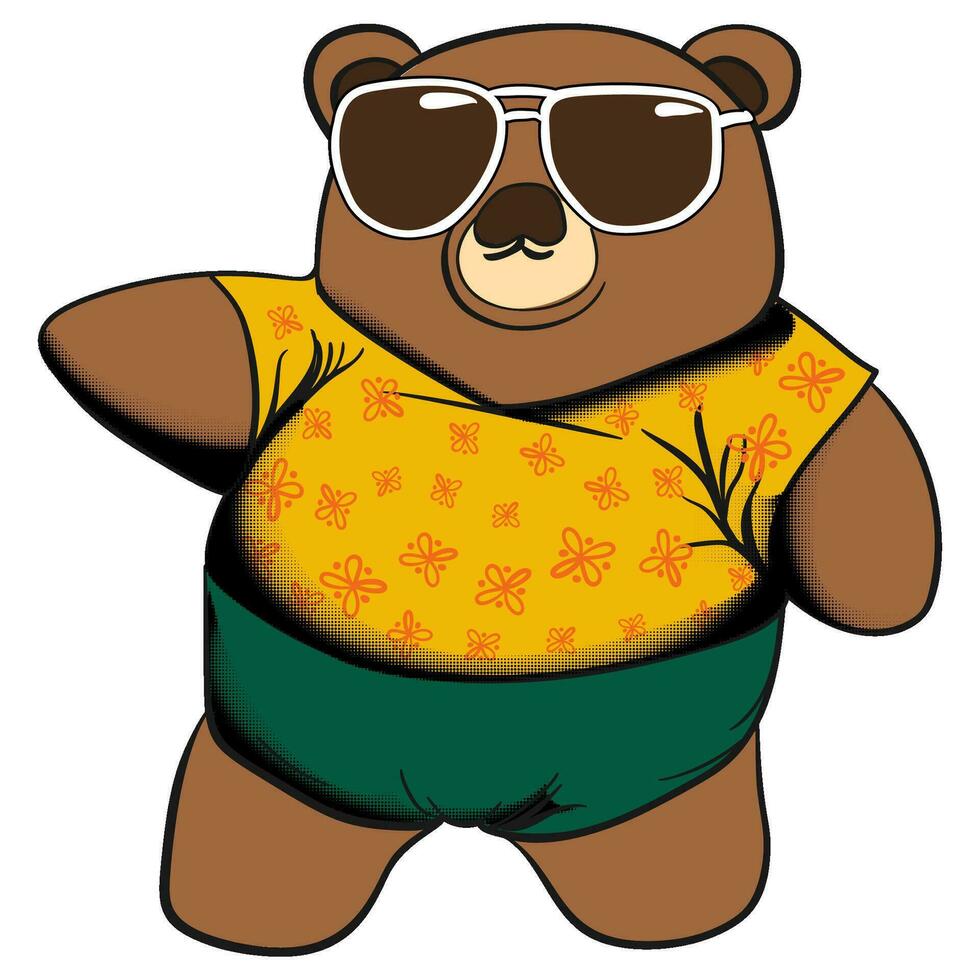 osito de peluche oso gordito maravilloso miedoso retro vistiendo linda t camisa y Gafas de sol vector