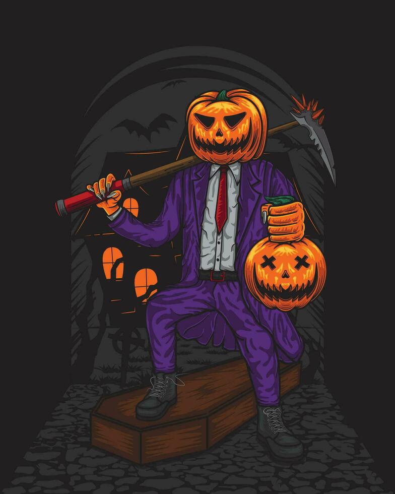 Illustration of a halloween party with a pumpkin head zombie carrying a pumpkin vector