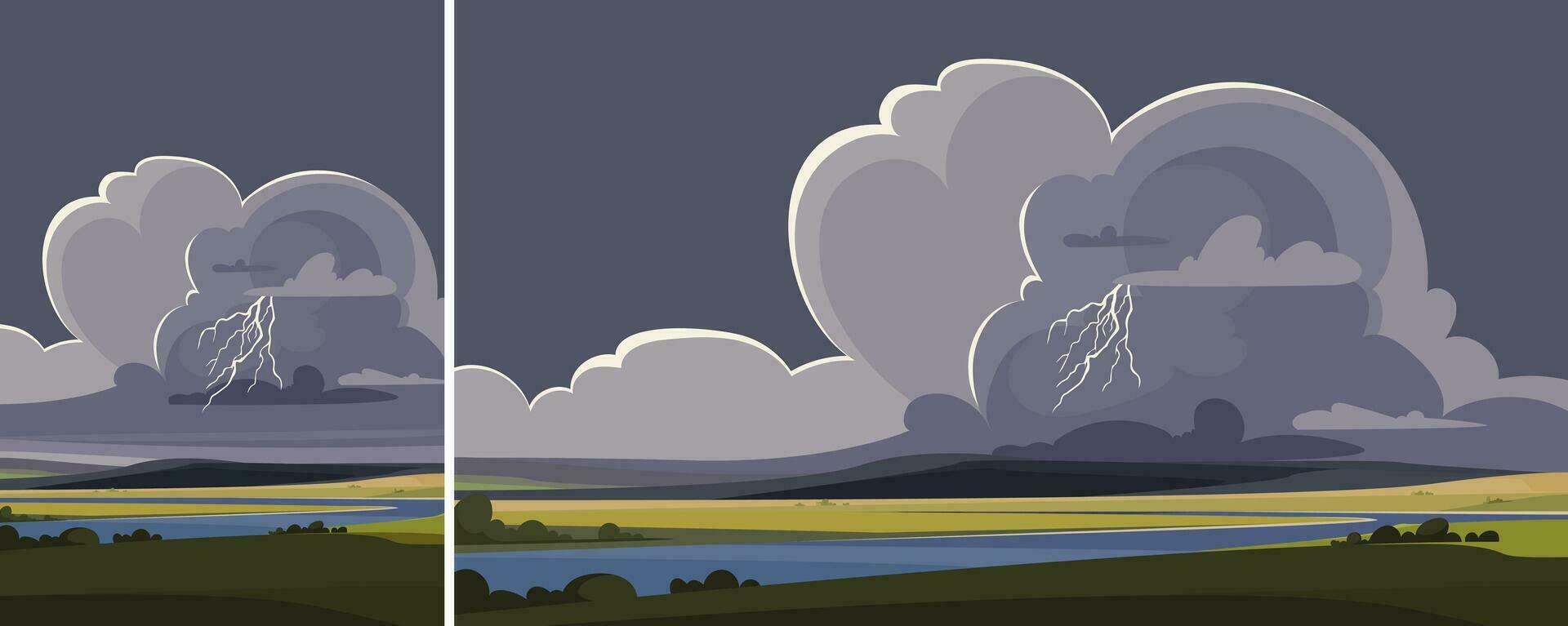 Thunderstorm over the river. vector