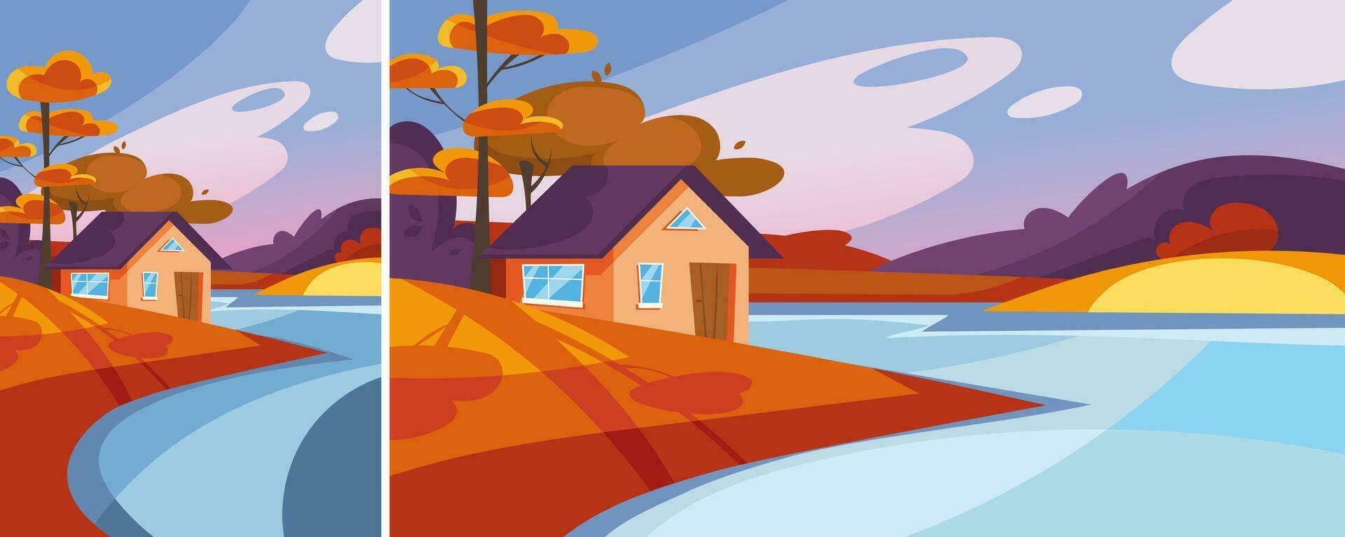 House on the lake in autumn season. vector