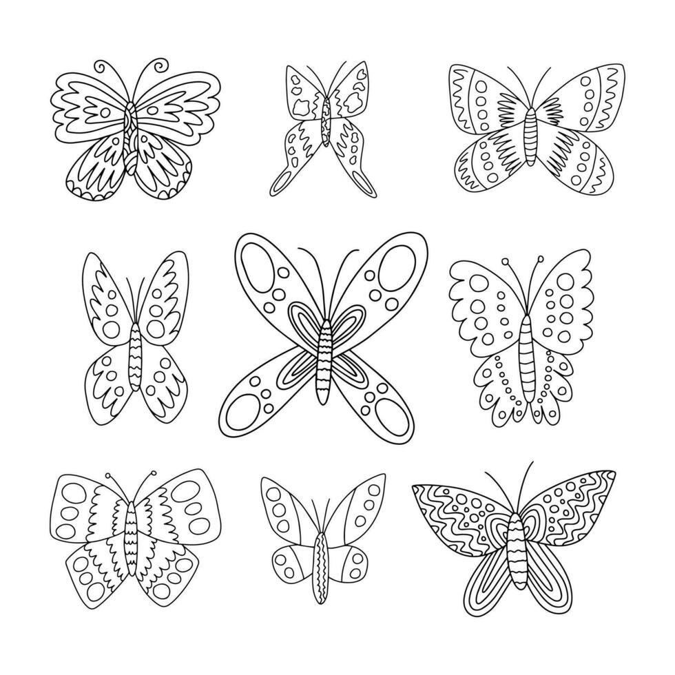 diferente tipos mariposas vector mano dibujado colocar. negro y blanco mariposas garabatear colocar. repollo, pavo real mariposa y púrpura emperador