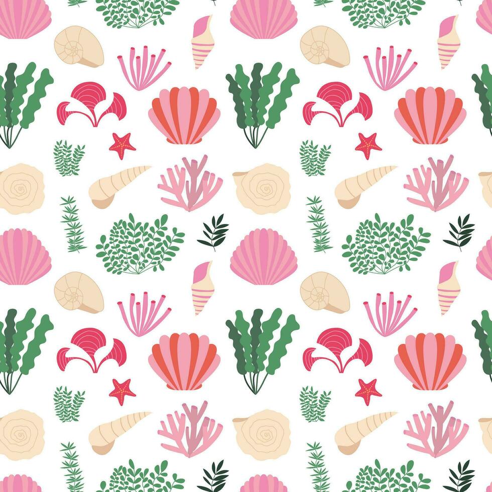 Vector flat algae, seashell and seaweed seamless pattern. Ocean herbs, seaweed, corals and shells on white background