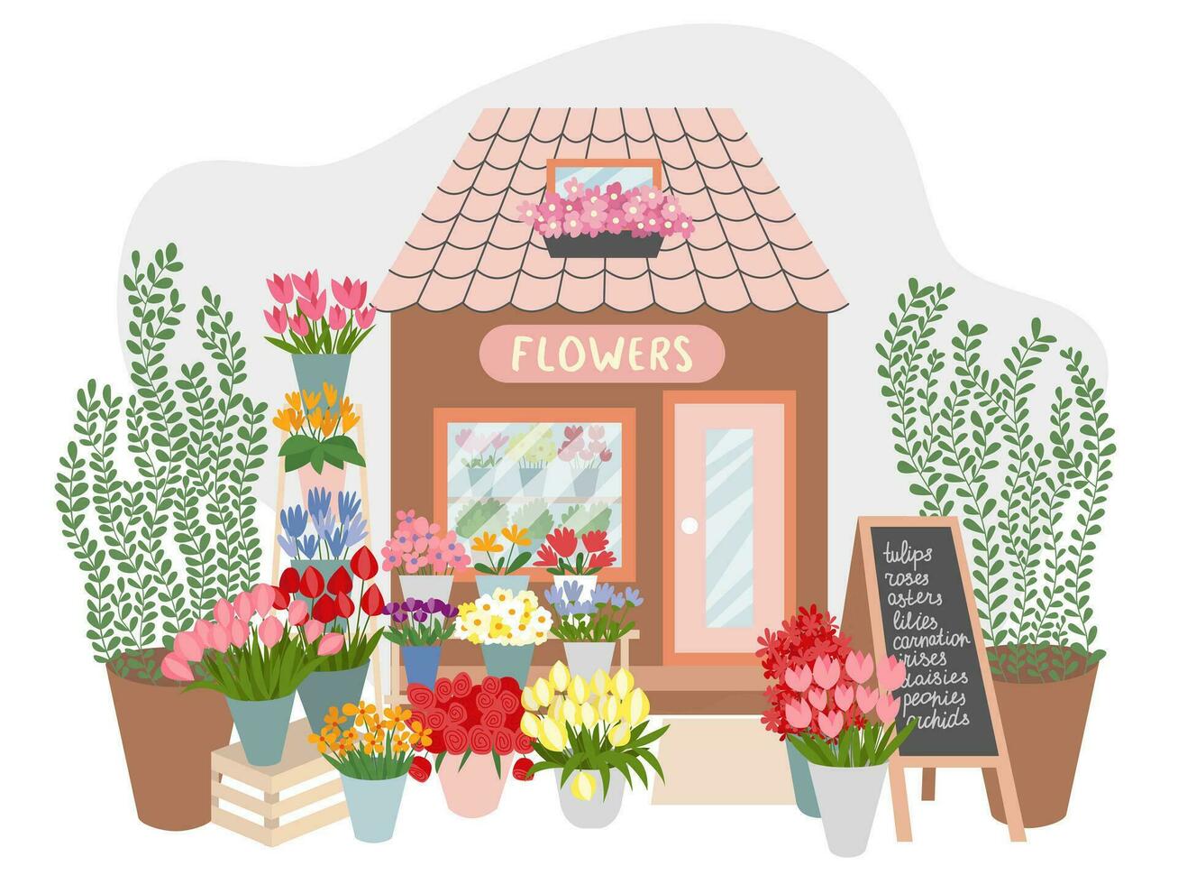 floral mercado fachada interior ilustración. plano estilo flor tienda decorado con plantas y flores vector ilustración.