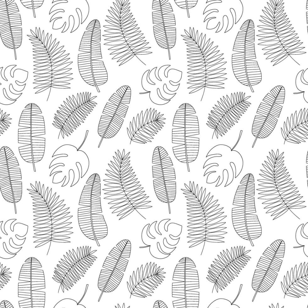 Tropical leaves black and white sketch seamless pattern. Hand drawn kinds of tropical leaves pattern. Monstera, palm leaf, banana leaf vector