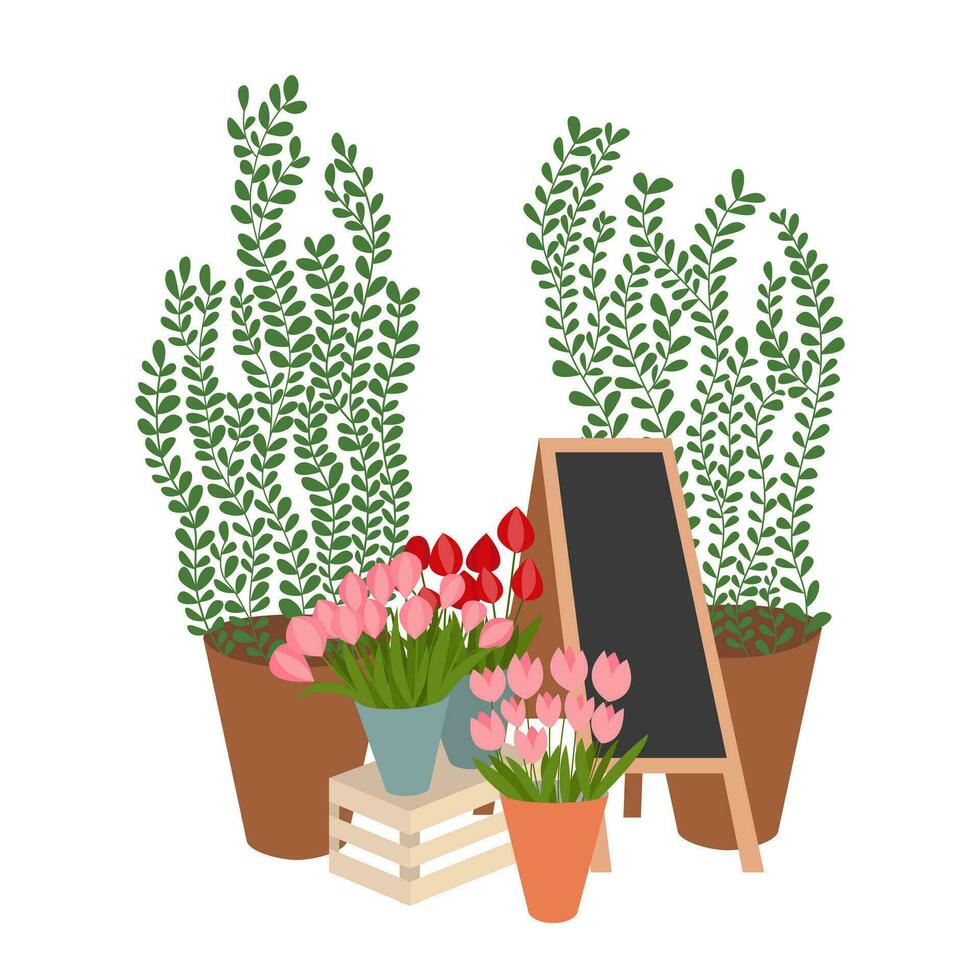 Different kinds flowers set with street chalkboard flat vector illustration. Flowers street shop composition