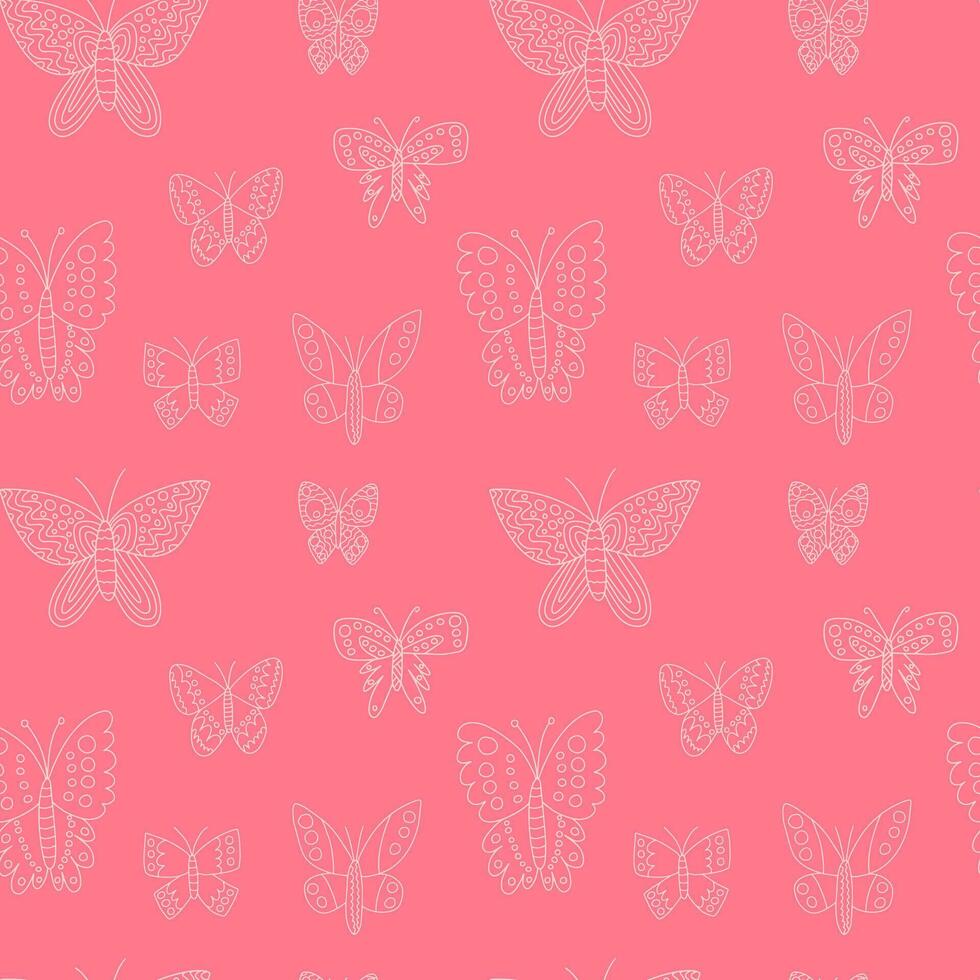 Doodle butterfly seamless pattern vector pattern. Hand drawn different kinds of butterflies on pink background