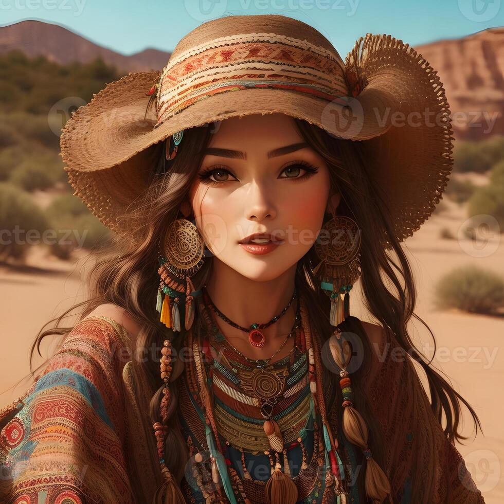 Photo of beautiful girl in desert hat on his head generative ai