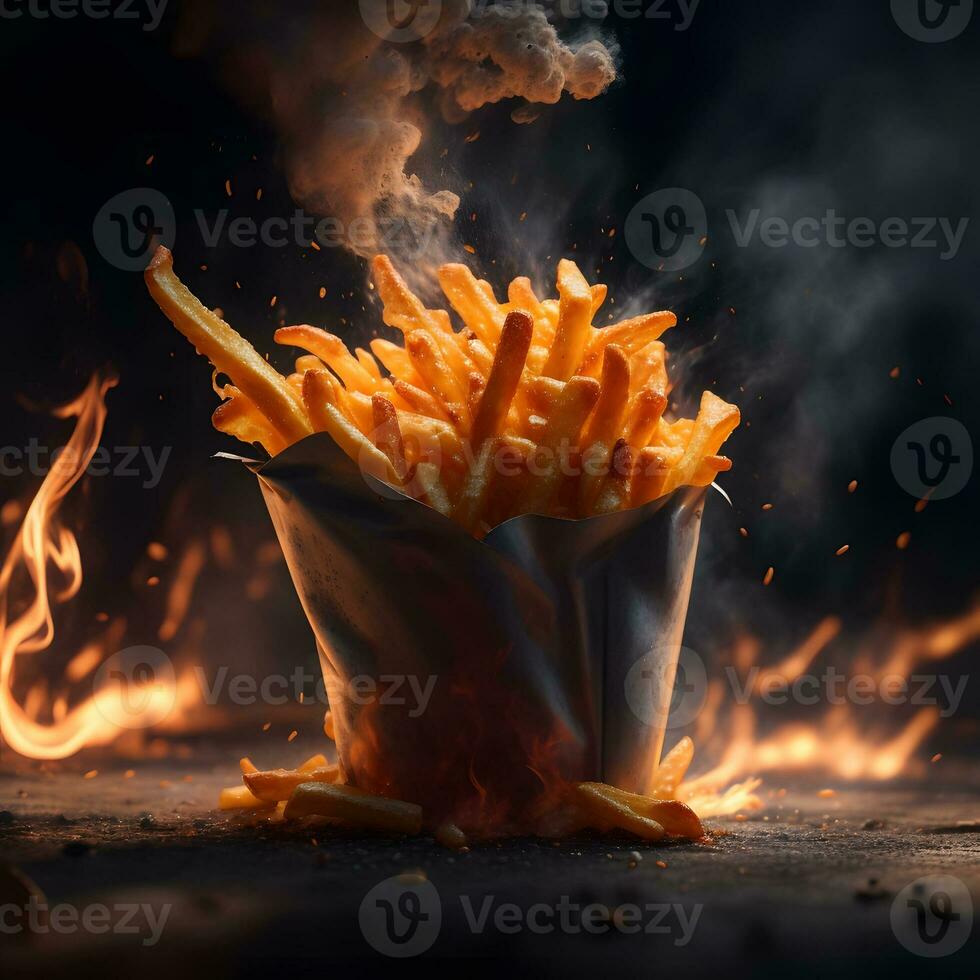 francés papas fritas envuelto en ardiente llamas generado por ai foto