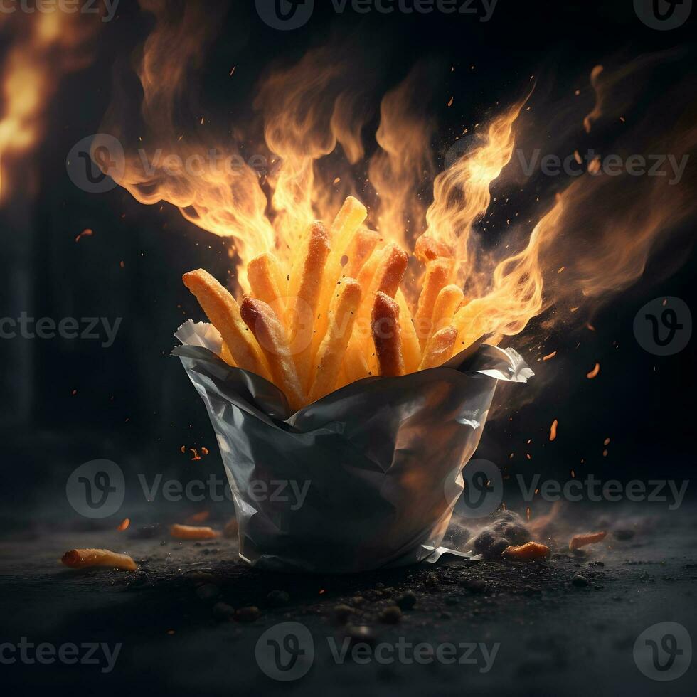 French Fries Engulfed in Fiery Flames generated by ai photo