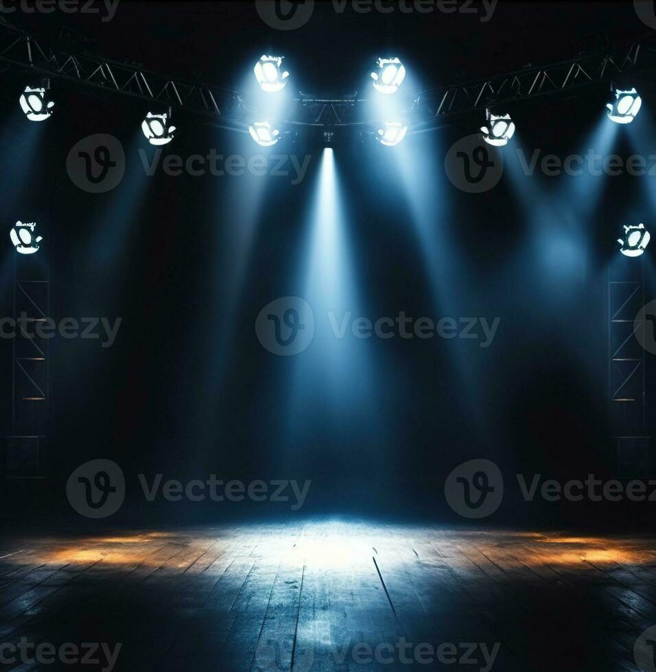 luces en escenario. destacar brilla en el escenario. Mancha Encendiendo en el escenario. ai generado foto