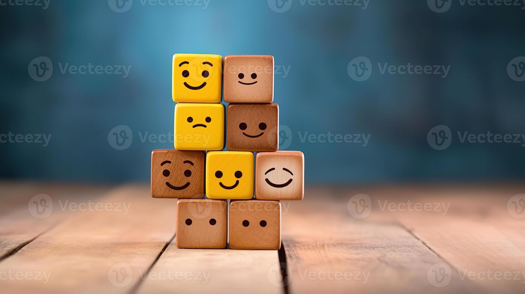 Dominoes on wooden background. Emoticon face on Wooden Cube. AI Generated photo