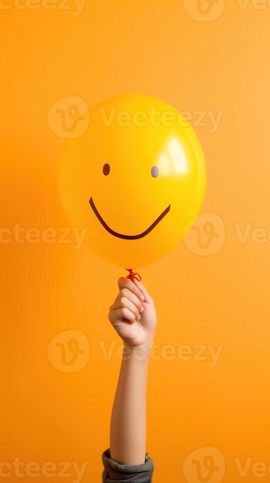 Person holding a balloon. Unrecognizable person holding yellow balloon against orange. AI Generated photo