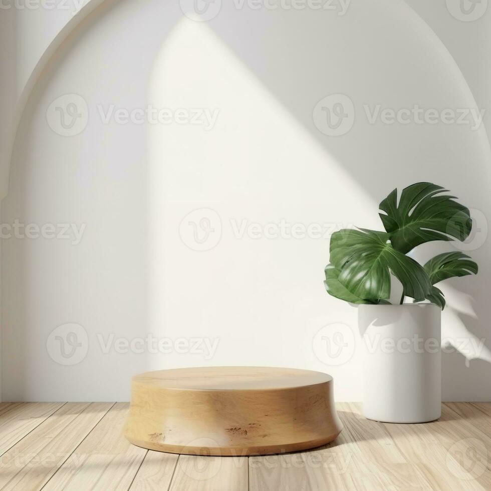 Room with wooden floor. Wooden pedestal in white wall for product presentation. AI Generated photo