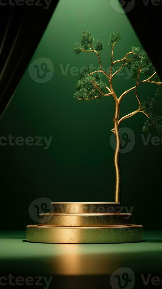 Still life with a vase Green and gold podium stand with golden abstract tree. AI Generated photo