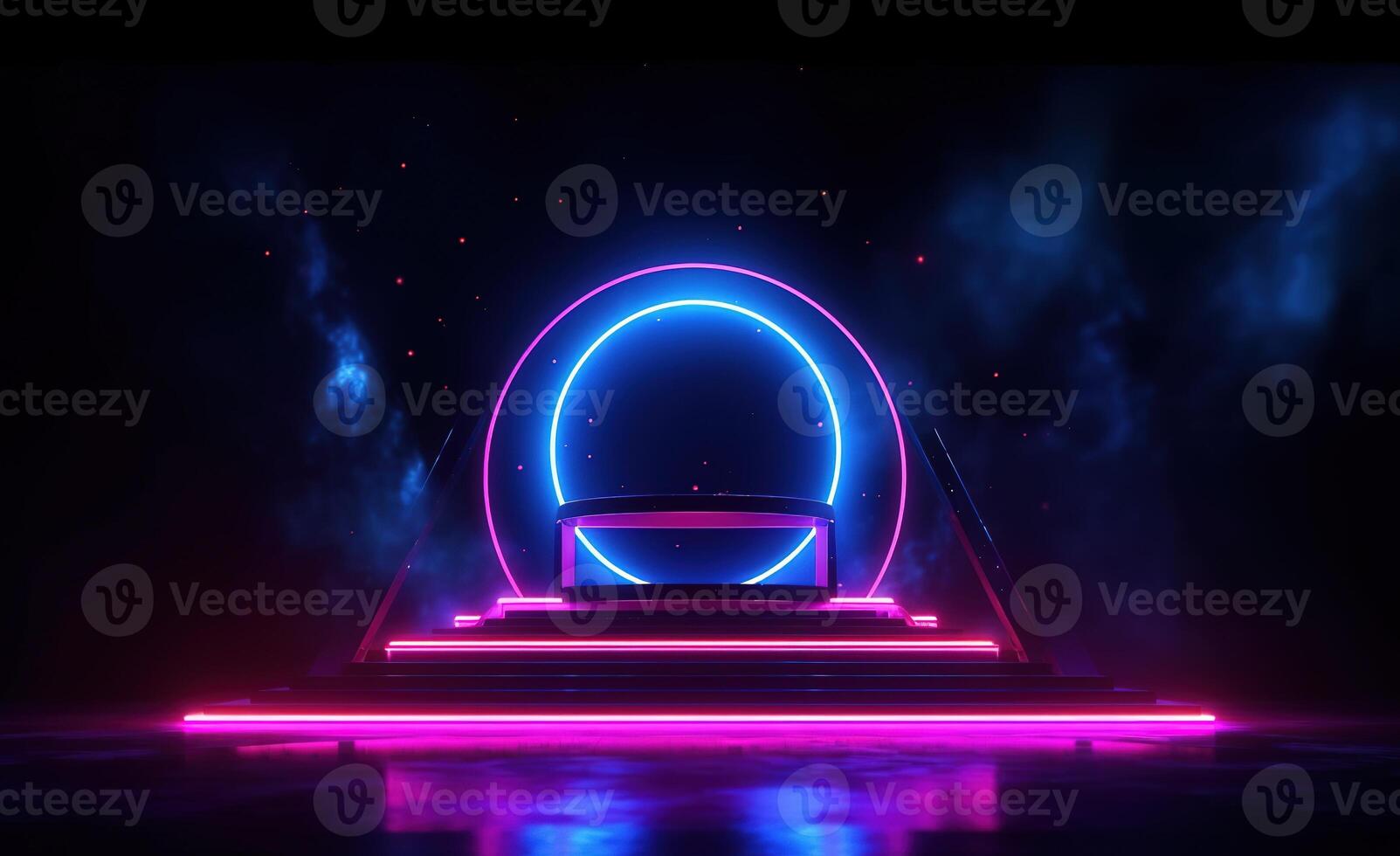 Background with glowing lights. Futuristic stage with neon light frame and podium. AI Generated photo