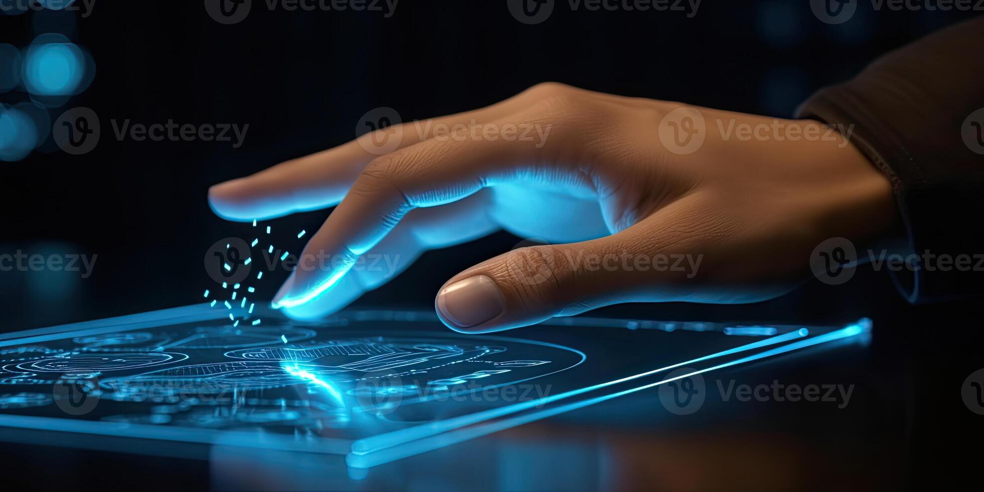 Human hand interacting with technological holograms. a man is touching a screen that has an icon, photo