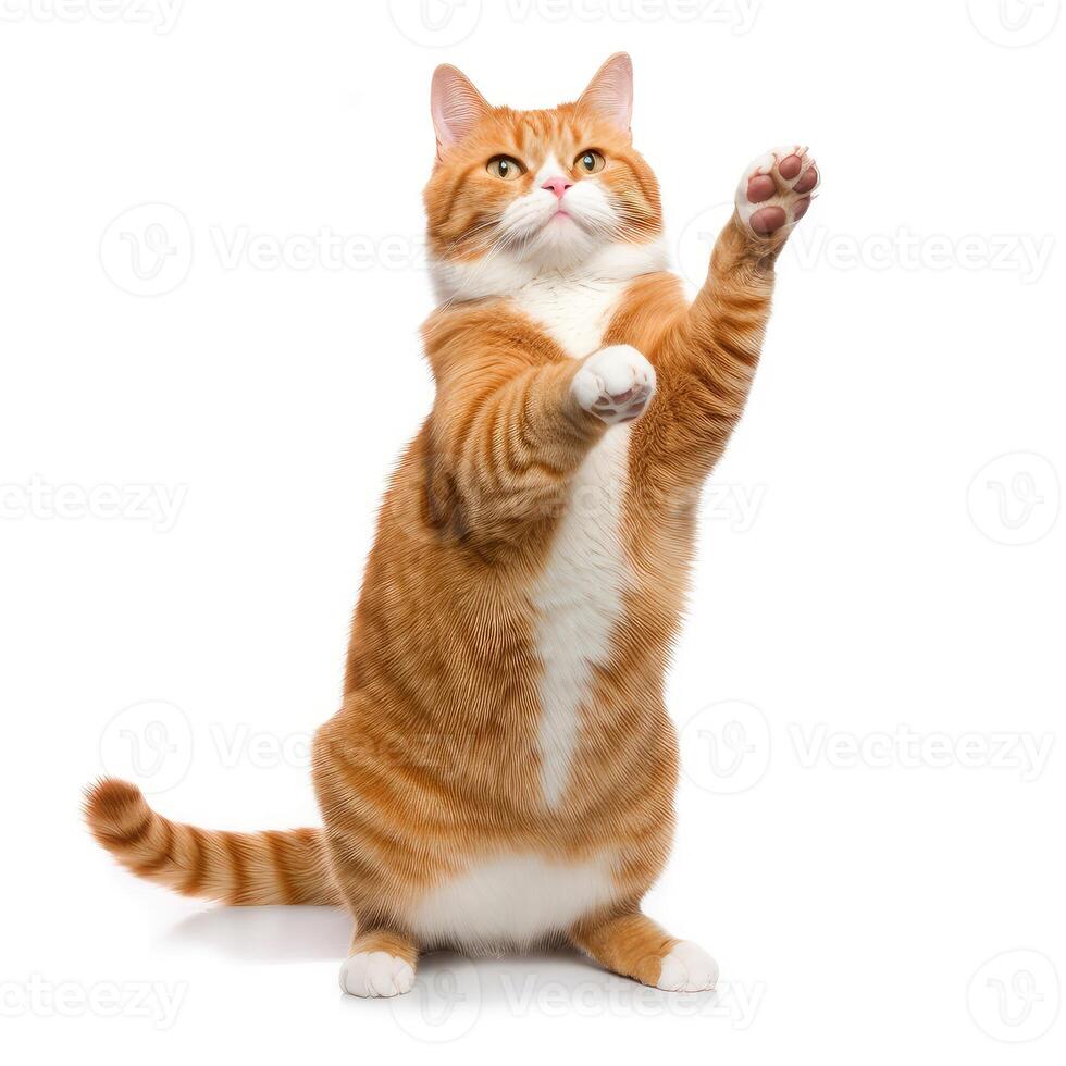 gracioso bailando gato en blanco antecedentes. el gato soportes en sus posterior piernas en lleno altura, como Si bailando o borracho. generativo ai foto