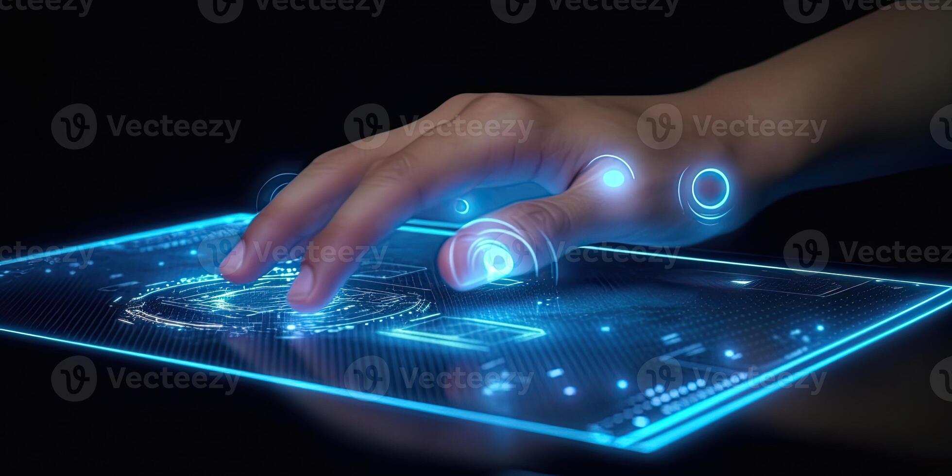 Human hand interacting with technological holograms. a man is touching a screen that has an icon, photo