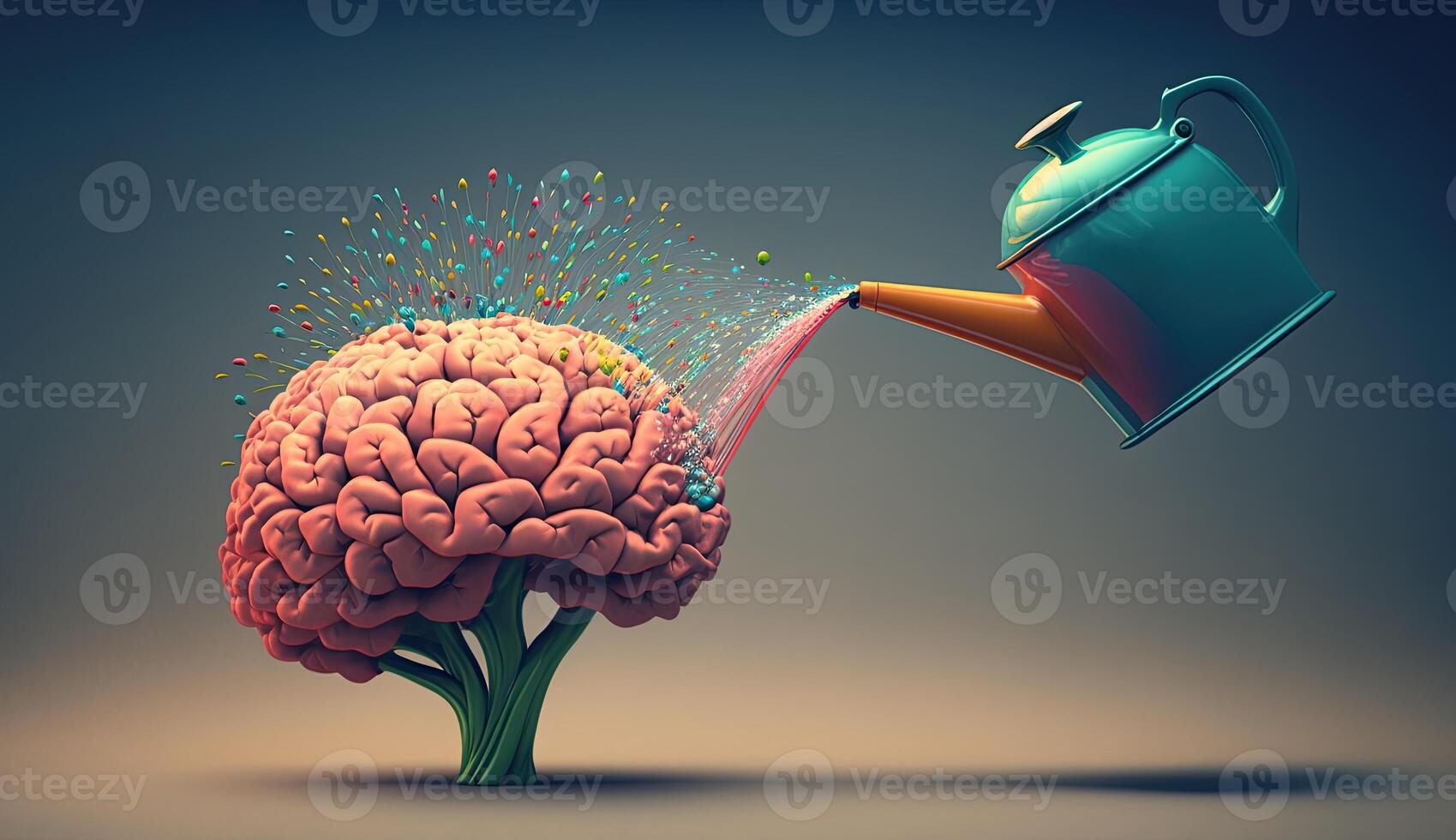 I was watering a human brain, the concept of creative thinking, brainstorming, and mental health illustration. photo