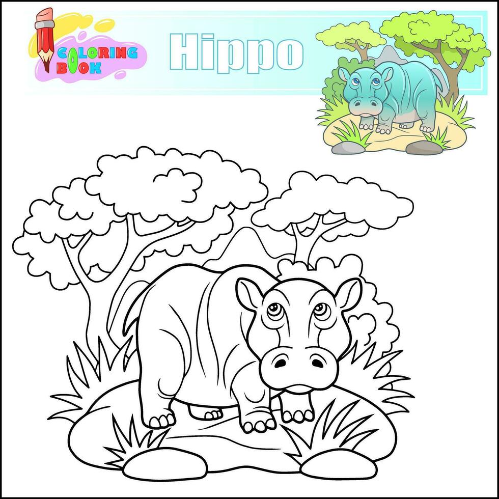 linda dibujos animados hipopótamo colorante libro vector