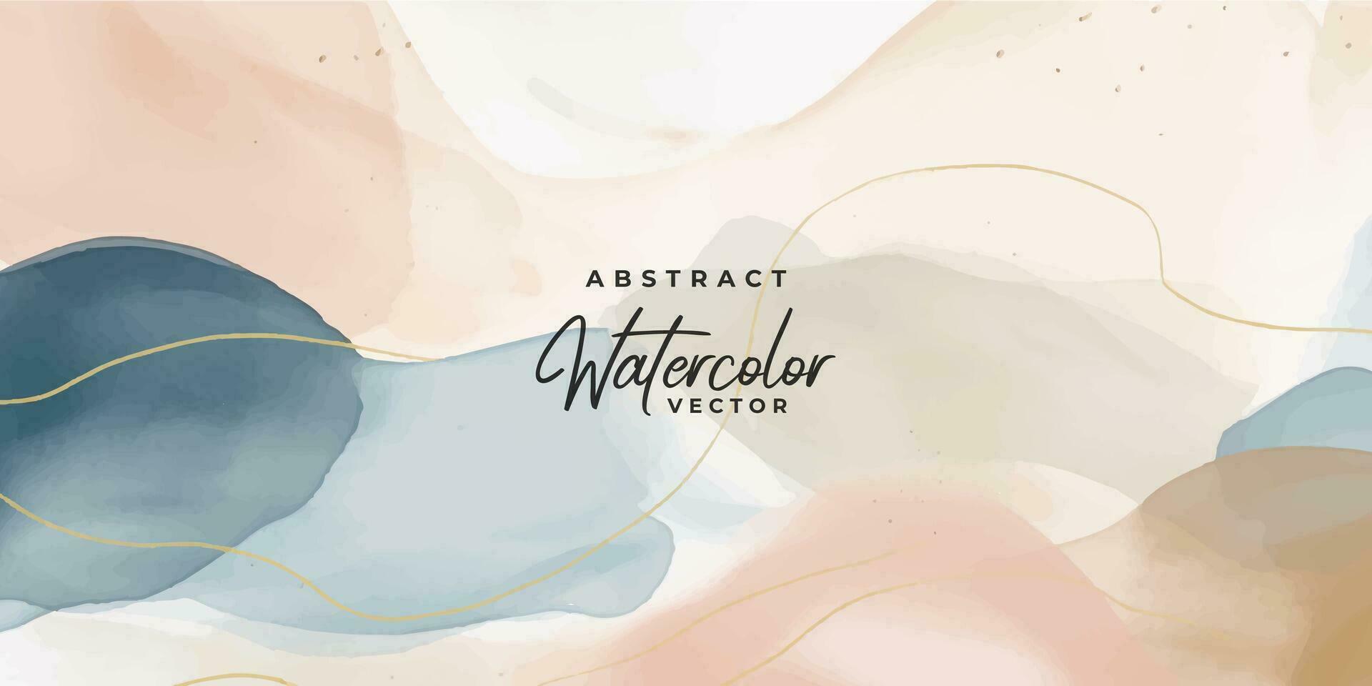 Watercolor art background vector. Wallpaper design with paint brush and gold line art. Earth tone blue, pink, ivory, beige watercolor Illustration for prints, wall art, cover and invitation cards. vector