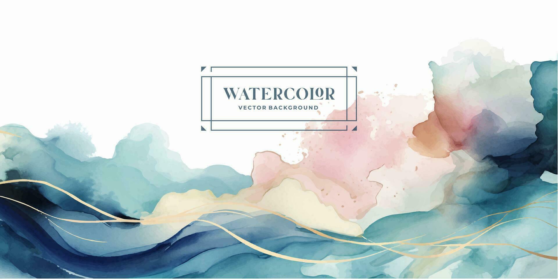 Watercolor art background vector. Wallpaper design with paint brush and gold line art. Earth tone blue, pink, ivory, beige watercolor Illustration for prints, wall art, cover and invitation cards. vector