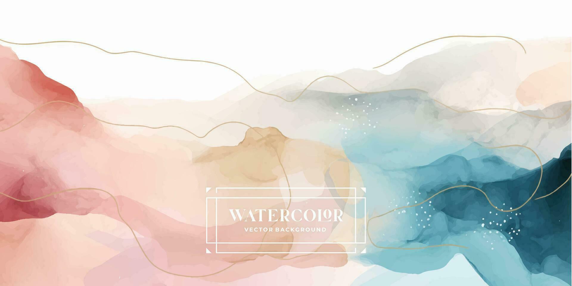 Watercolor art background vector. Wallpaper design with paint brush and gold line art. Earth tone blue, pink, ivory, beige watercolor Illustration for prints, wall art, cover and invitation cards. vector