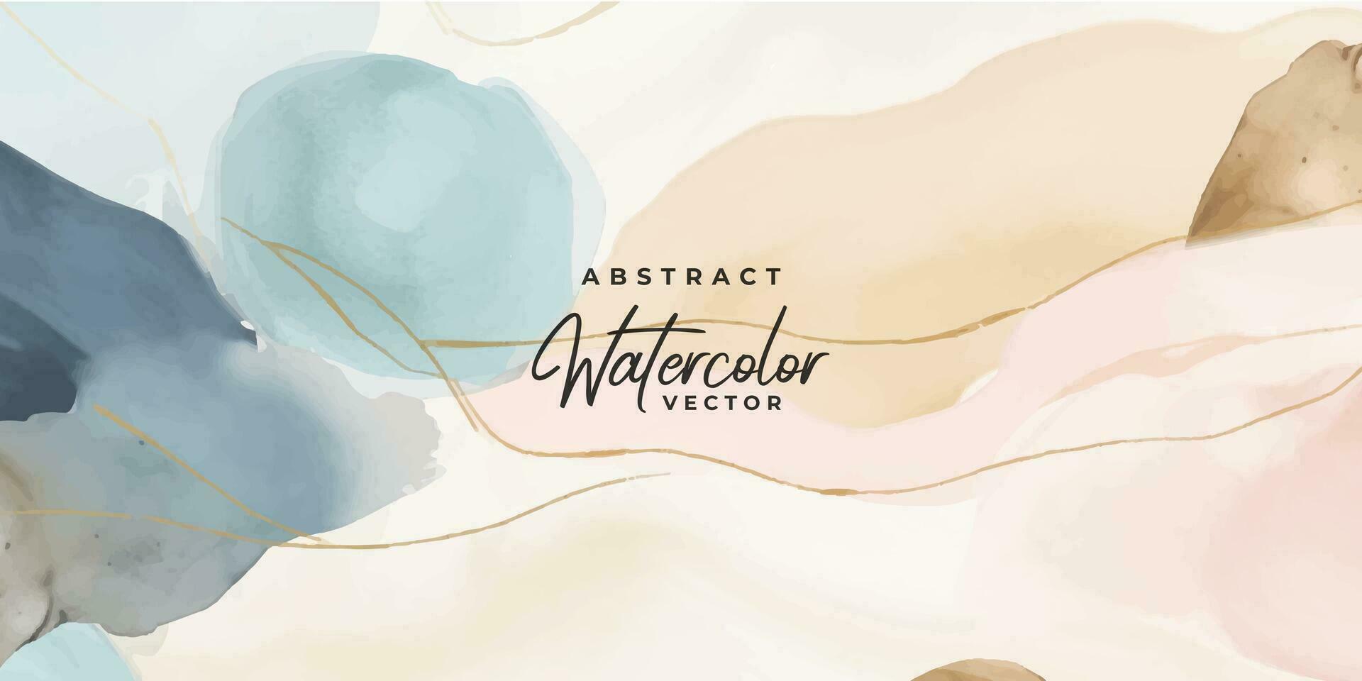 Watercolor art background vector. Wallpaper design with paint brush and gold line art. Earth tone blue, pink, ivory, beige watercolor Illustration for prints, wall art, cover and invitation cards. vector